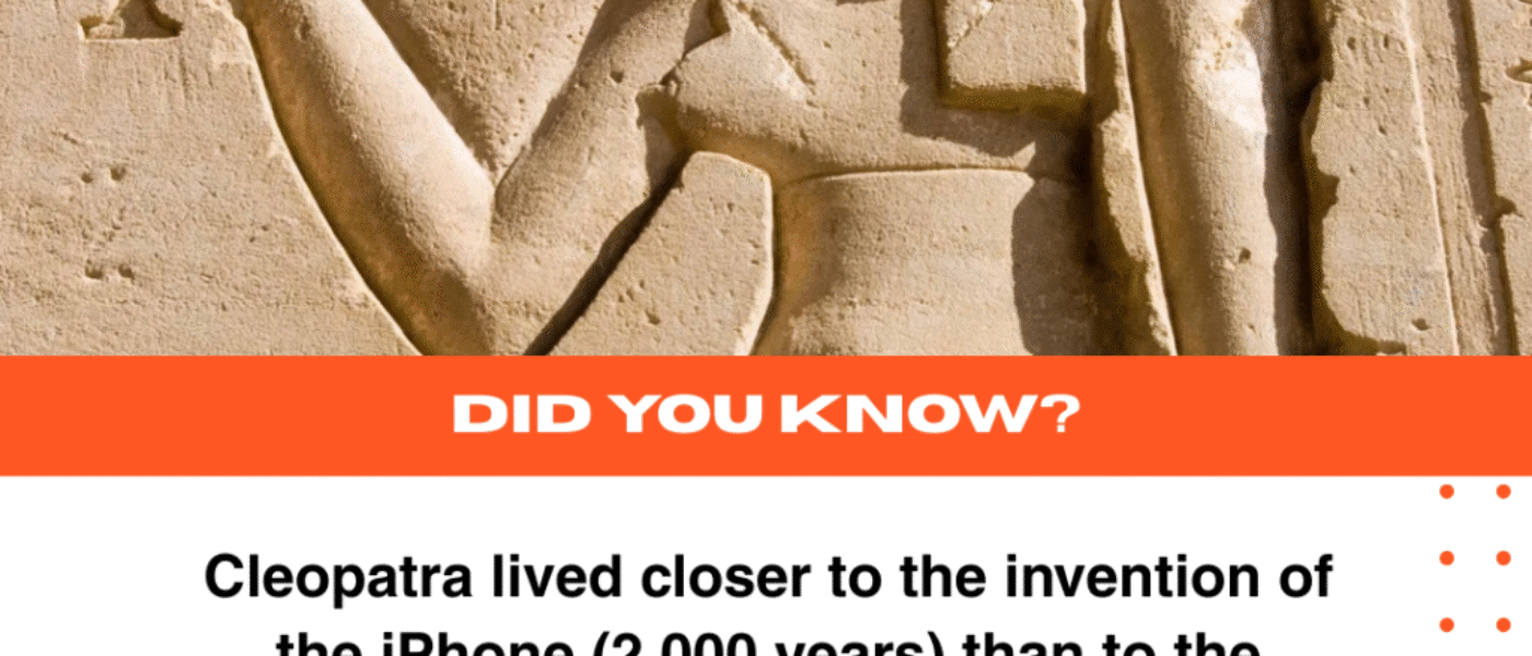 Did you know? Cleopatra lived closer to the invention of the iPhone (2,000 years) than to the building of the pyramids 2,500 years before her